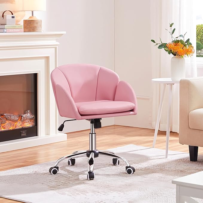 Yaheetech Cute Petal Desk Chair Home Office Chair Swivel Upholstered Leather Desk Chair Makeup Vanity Chair with Armrests for Bedroom Modern Computer Rolling Chair for Women Simple Pink - LeafyLoom