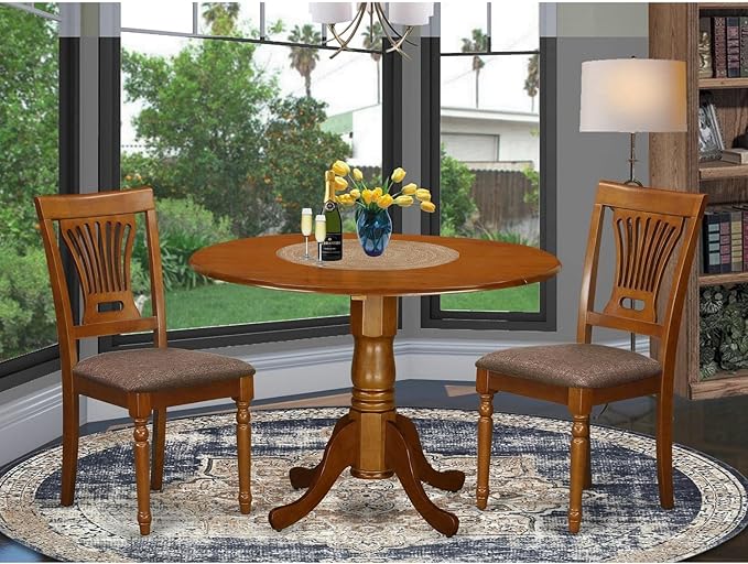 East West Furniture Dublin 3 Piece Room Set Contains a Round Kitchen Table with Dropleaf and 2 Linen Fabric Upholstered Dining Chairs, 42x42 Inch, Saddle Brown - LeafyLoom