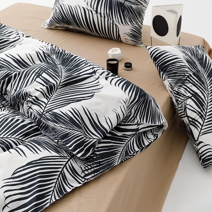 Black Leaves Comforter Cal King Black and White Palm Leaf Printed Comforter Set Modern Boho Black Tropical Botanical Leaves Bed Quilt Women Men Soft Floral Palm Black California King Comforter - LeafyLoom