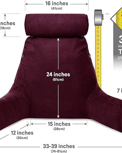 Husband Pillow XXL Aspen Edition, Adult Reading Sit Up Bed Rest Pillow for Bed with Arms & Neck Roll on Bungee Cord - Premium Memory Foam - Reversible 2 Sided Cover Micro Suede or Plush, Mauve Purple - LeafyLoom