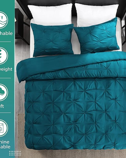 downluxe Pintuck Queen Comforter Set with 2 Pillow Shams - 3-Piece - Crystal Teal Queen Bed Comforter Set for All Seasons, Pinch Pleat Microfiber Down Alternative Bedding Comforter Sets - LeafyLoom