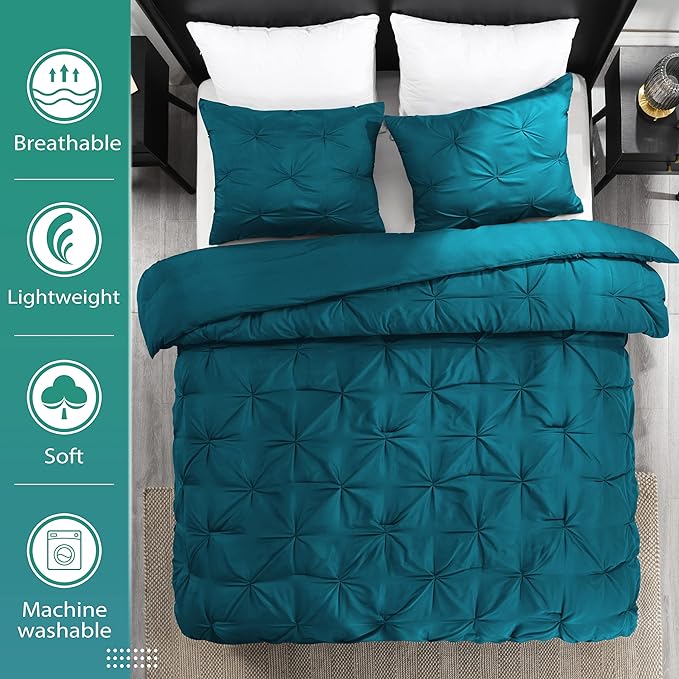 downluxe Pintuck Queen Comforter Set with 2 Pillow Shams - 3-Piece - Crystal Teal Queen Bed Comforter Set for All Seasons, Pinch Pleat Microfiber Down Alternative Bedding Comforter Sets - LeafyLoom