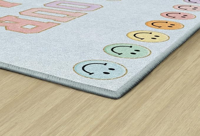 Flagship Carpets Schoolgirl Style This is Our Happy Place on Blue Educational Area Rug for Kids Room Seating Décor, Children's Classroom, Play Carpet for Teaching and Playroom, 5' x 7'6" - LeafyLoom