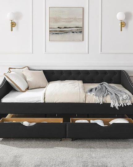 Full Size Daybed with 2 Drawers, Upholstered Tufted Day Bed, with Button Back and Waved Shape Arms, Wood Slat Support, No Spring Box Need, for Bedroom, Livingroom - LeafyLoom