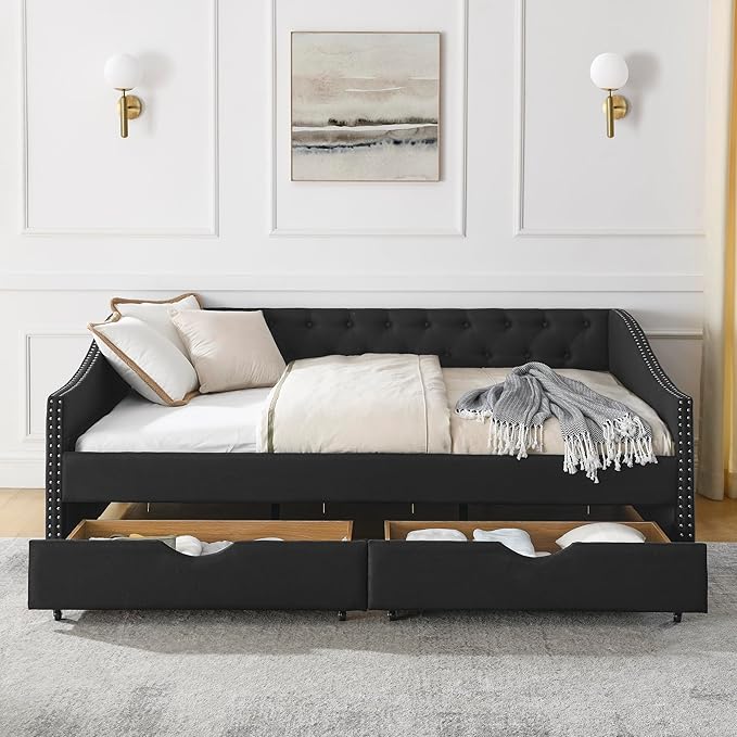 Full Size Daybed with 2 Drawers, Upholstered Tufted Day Bed, with Button Back and Waved Shape Arms, Wood Slat Support, No Spring Box Need, for Bedroom, Livingroom - LeafyLoom