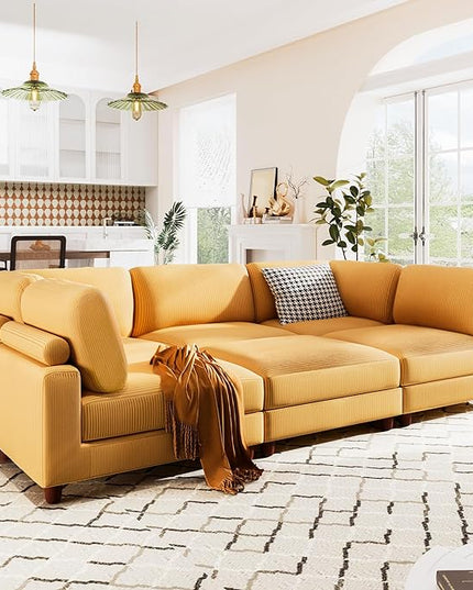 Free Combination Convertible Modular Sectional Sofa with Movable Ottomans , 163'' Oversized Corduroy Upholstered Sleeper Corner Couch Sofabed with Wooden Legs and Detachable Cushions for Living Room - LeafyLoom