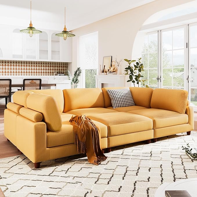Free Combination Convertible Modular Sectional Sofa with Movable Ottomans , 163'' Oversized Corduroy Upholstered Sleeper Corner Couch Sofabed with Wooden Legs and Detachable Cushions for Living Room - LeafyLoom