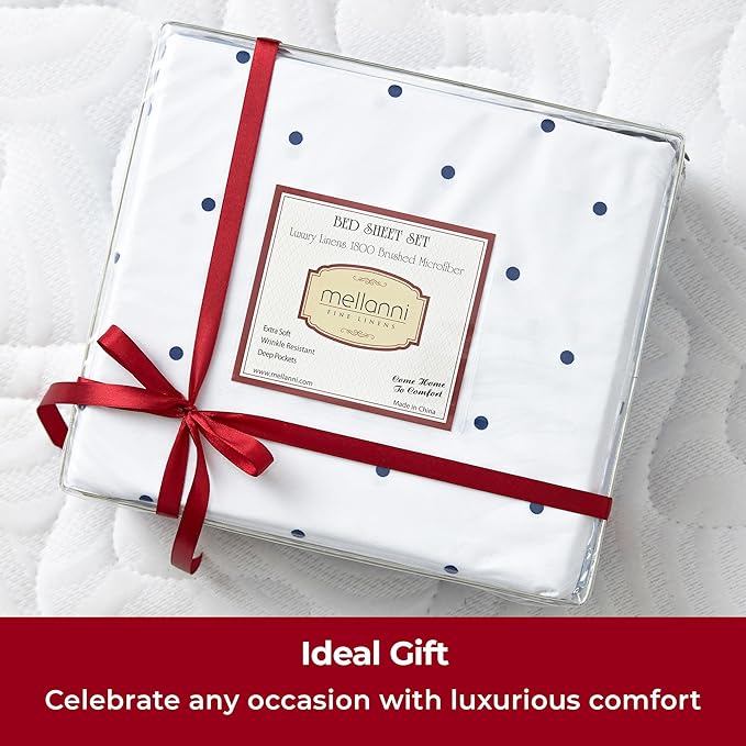 Mellanni California King Sheets Set - 4 PC Iconic Collection Bedding Sheets & Pillowcases - Hotel Luxury, Extra Soft, Cooling Bed Sheets - Deep Pocket up to 16 inch (Cal King, Polka Dot Navy) - LeafyLoom