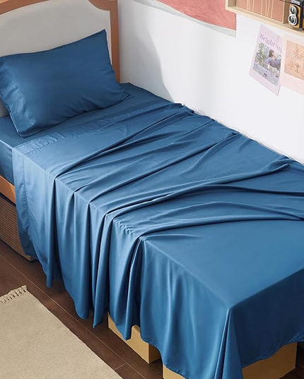 Bedsure Twin XL Sheet Set Dorm Bedding, Cooling Sheets Twin Extra Long Sheets, Rayon Derived from Bamboo, Deep Pocket Up to 16", Hotel Luxury Silky Bedding Sheets & Pillowcases, Peacock Blue - LeafyLoom