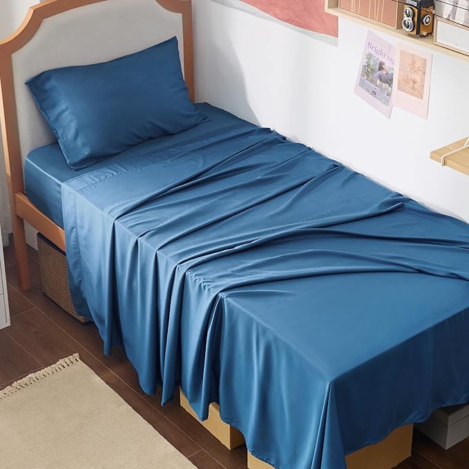 Bedsure Twin XL Sheet Set Dorm Bedding, Cooling Sheets Twin Extra Long Sheets, Rayon Derived from Bamboo, Deep Pocket Up to 16", Hotel Luxury Silky Bedding Sheets & Pillowcases, Peacock Blue - LeafyLoom