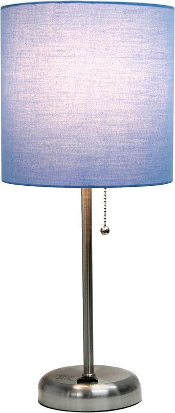 Simple Designs LT1144-BLU Sleek and Slender Brushed Steel Table Lamp with Charging Outlet, for Bedroom, Living Room, Entryway, Office, Dining Room, Study, Blue Shade - LeafyLoom