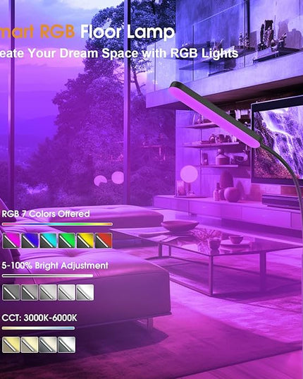 Floor Lamp, RGB Color Changing Dimmer Bright LED Floor Lamp with Stepless Adjustable 3000K-6000K, Smart Remote Control Modern Standing Floor Lamp for Bedroom, Reading, Gaming Room - LeafyLoom
