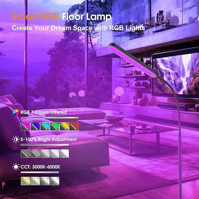 Floor Lamp, RGB Color Changing Dimmer Bright LED Floor Lamp with Stepless Adjustable 3000K-6000K, Smart Remote Control Modern Standing Floor Lamp for Bedroom, Reading, Gaming Room - LeafyLoom