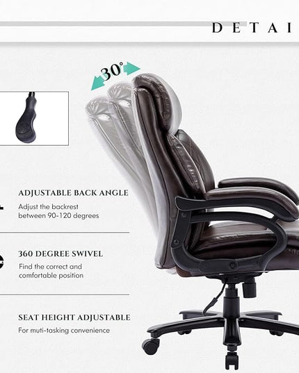 Big and Tall Office Chair 400lbs-Heavy Duty Executive Desk Chair with Extra Wide Seat, High Back Ergonomic Leather Computer Chair with Tilt Rock&Tension, Padded Armrests-Diamond Brown - LeafyLoom