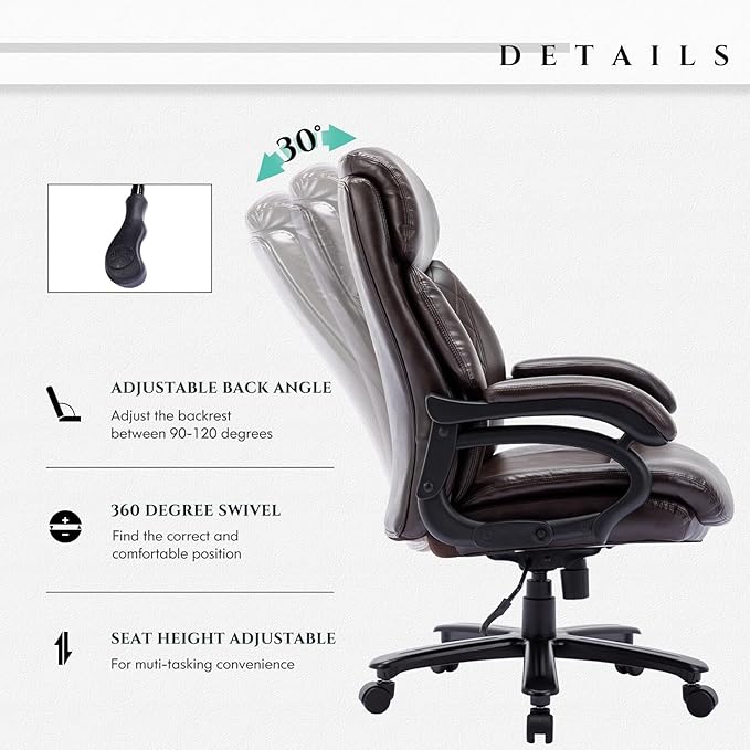 Big and Tall Office Chair 400lbs-Heavy Duty Executive Desk Chair with Extra Wide Seat, High Back Ergonomic Leather Computer Chair with Tilt Rock&Tension, Padded Armrests-Diamond Brown - LeafyLoom