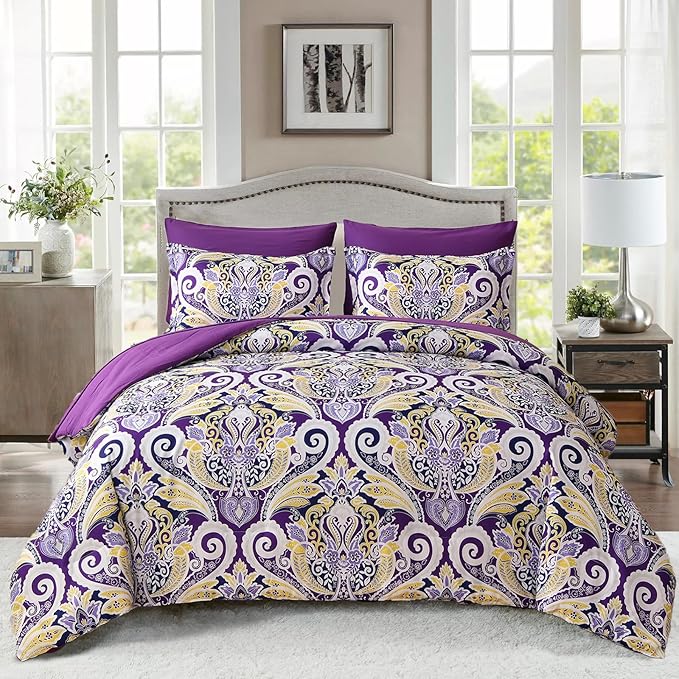 Yiran Purple Paisley Comforter Set Queen 7 Pieces Bed in a Bag Boho Comforter Lightweight Microfiber Reversible Bedding Set (1 Comforter, 1 Flat Sheet, 1 Fitted Sheet, 2 Pillowcases, 2 Pillow Shams) - LeafyLoom