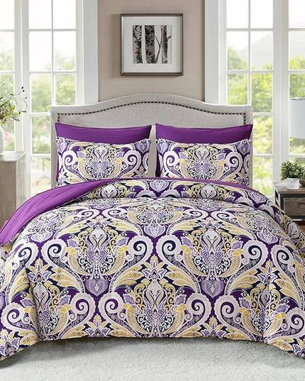 Yiran Purple Paisley Comforter Set King 7 Pieces Bed in a Bag Boho Comforter Lightweight Microfiber Reversible Bedding Set (1 Comforter, 1 Flat Sheet, 1 Fitted Sheet, 2 Pillowcases, 2 Pillow Shams) - LeafyLoom