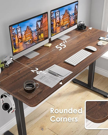 STARY Electric Adjustable Height Sit Stand Home Office Desk with Splice Board, 55x24, Rustic Brown/Black Frame - LeafyLoom