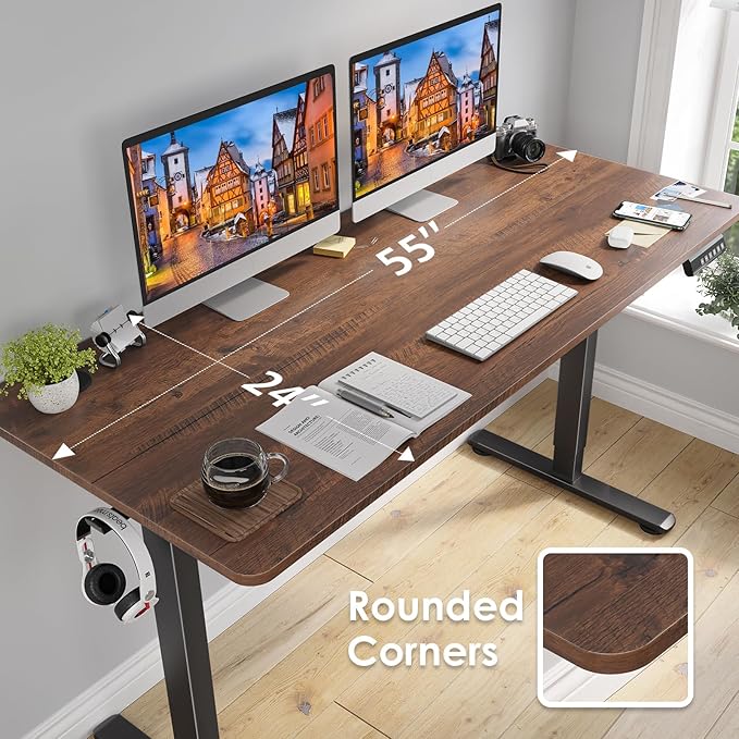 STARY Electric Adjustable Height Sit Stand Home Office Desk with Splice Board, 55x24, Rustic Brown/Black Frame - LeafyLoom