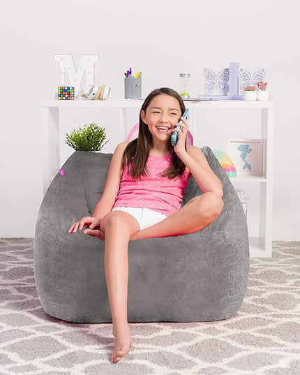 Posh Creations Structured Comfy Bean Bag Chair for Gaming, Reading, and Watching TV, Coronado Chair, Rabbit Fur - Gray - LeafyLoom