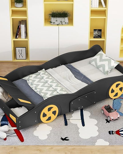 Twin Size Car Bed with Storage Space,Race Car-Shaped Platform Wooden Bedframe W/Wheels,No Box Spring Required,for Boys Toddlers Kids Child's Bedroom,Black+Yellow - LeafyLoom