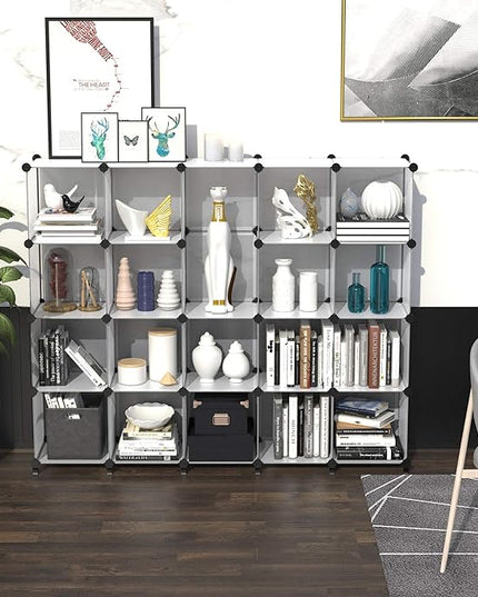 HOMIDEC 20-Cube Transparent Cube Storage Organizer, Modular Storage Shelf with Hammer, Cube Storage Bin Cabinet Closet Bookshelf for Living Room, Bedroom, Office, Each Cube Size 11.8 x 11.8 inch - LeafyLoom