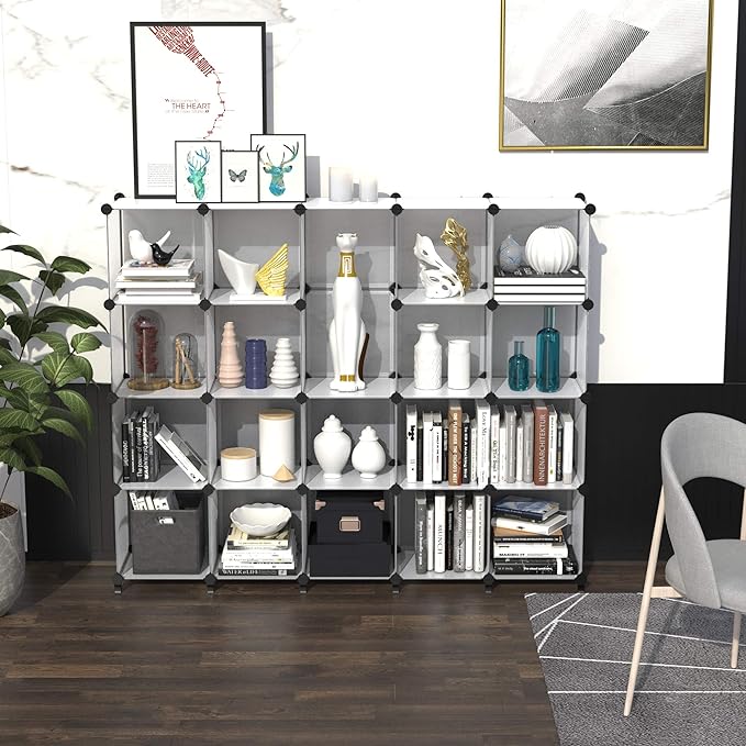 HOMIDEC 20-Cube Transparent Cube Storage Organizer, Modular Storage Shelf with Hammer, Cube Storage Bin Cabinet Closet Bookshelf for Living Room, Bedroom, Office, Each Cube Size 11.8 x 11.8 inch - LeafyLoom