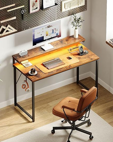 AODK Small Desk, 40 Inch Gaming Desk with LED Lights and Power Outlet, Computer Desk with Adjustable Monitor Shelf (3 Heights), Home Office Table Study Desk Compact Desk for Small Space, Rustic Brown - LeafyLoom