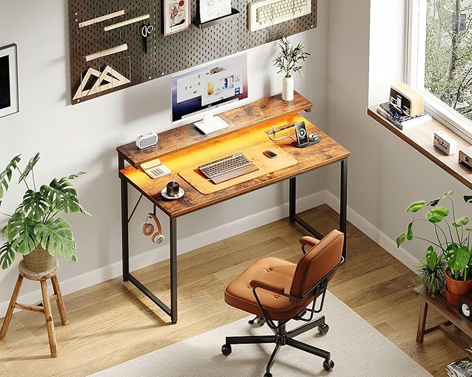 AODK Small Desk, 40 Inch Gaming Desk with LED Lights and Power Outlet, Computer Desk with Adjustable Monitor Shelf (3 Heights), Home Office Table Study Desk Compact Desk for Small Space, Rustic Brown - LeafyLoom