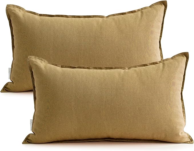 Jeanerlor Natural Cotton Linen Green Decorative 12"x20" Throw Pillow Case Cushion Cover with Twin Needles Stitch on Edge for Lumbar, (30 x 50cm), 2 Pcs, Earth Yellow - LeafyLoom