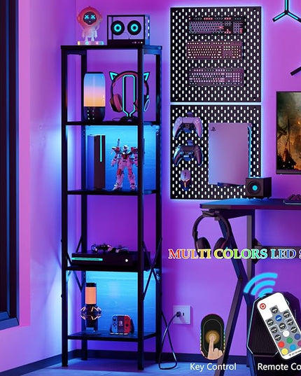 Furologee 5 Tier Book Shelf with LED Light, Tall Display Bookcase with Back, Narrow Industrial Standing Shelving Units, Metal and Wooden Storage Rack for Bedroom, Living Room, Office, Black Oak - LeafyLoom