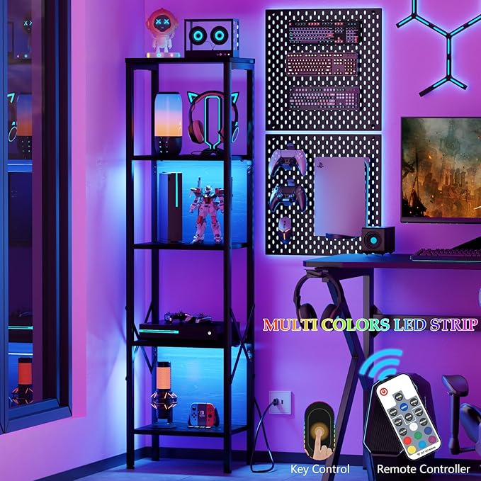 Furologee 5 Tier Book Shelf with LED Light, Tall Display Bookcase with Back, Narrow Industrial Standing Shelving Units, Metal and Wooden Storage Rack for Bedroom, Living Room, Office, Black Oak - LeafyLoom