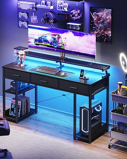 AODK 55 inch Computer Desk with 3 Drawers, Gaming Desk with LED Lights & Power Outlets, Home Office Desk with Storage Shelves & Monitor Stand, Modern Work Study Writing Table for Small Spaces, Black - LeafyLoom