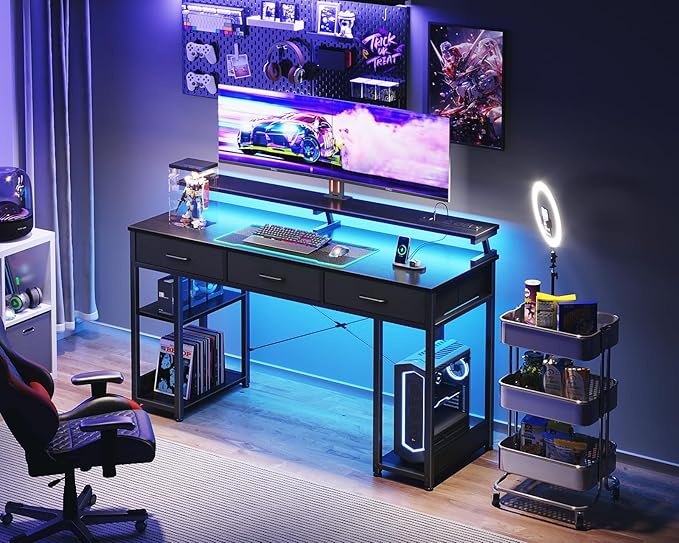 AODK 55 inch Computer Desk with 3 Drawers, Gaming Desk with LED Lights & Power Outlets, Home Office Desk with Storage Shelves & Monitor Stand, Modern Work Study Writing Table for Small Spaces, Black - LeafyLoom