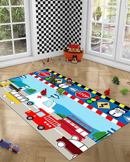 Cartoon Ambulance Car Area Rug Car Carpet for Kids Play Rug for Cars and Trucks Car Rug Play Mat Car Track Rug Truck Rugs for Boys Room Rugs for Boys Bedroom,Light Blue 3'×4' - LeafyLoom