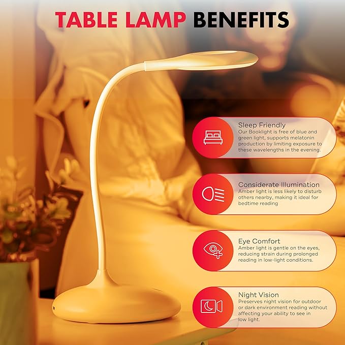 Mito Red Light - Amber Light Lamp - Portable & Flexible Amber Table Lamp - Cordless Lamp, Rechargeable Reading Lamp - Amber Lamp - LeafyLoom
