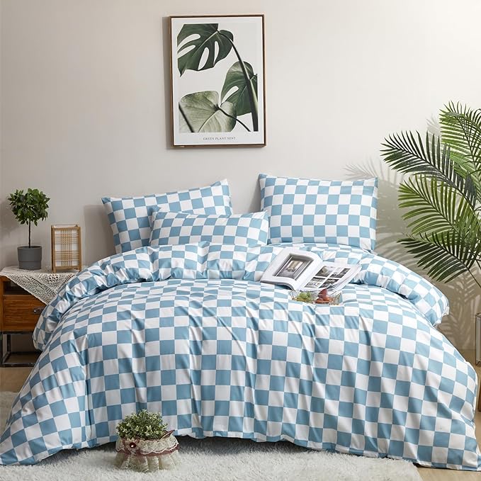 Blue White Grid Comforter Set Cal King Blue Plaid Bedding Set Women Blue and White Checkered Bed Comforter Set Breathable Blanket Set Men Durable Bedding Comforter Set - LeafyLoom