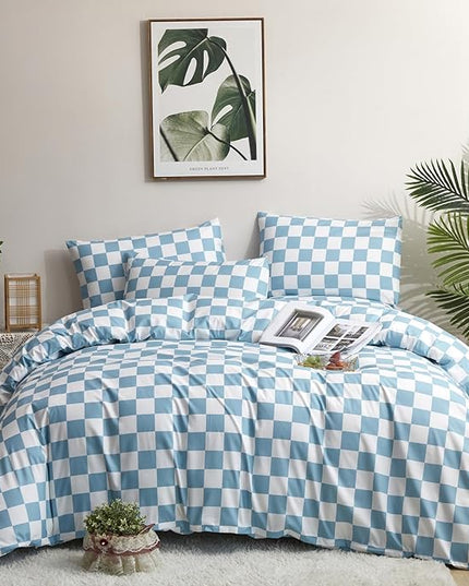Blue White Grid Comforter Set King Blue Plaid Bedding Set Women Blue and White Checkered Bed Comforter Set Breathable Blanket Set Men Durable Bedding Comforter Set - LeafyLoom