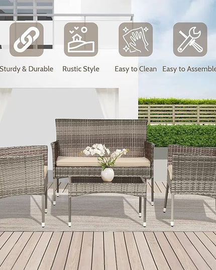 FDW Patio Conversation Set 4 Pieces Patio Furniture Set Wicker with Rattan Chair Loveseats Coffee Table for Outdoor Indoor Garden Backyard Porch Poolside Balcony,Gray Wicker/Khaki Cushions - LeafyLoom
