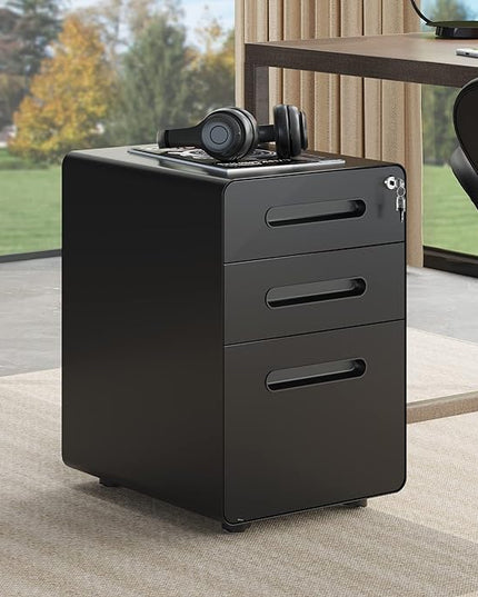 YITAHOME 3-Drawer Metal Mobile File Cabinet, Rolling Filing Cabinet with Lock, Filing Cabinet Under Desk fits Legal/A4 Size for Home/Office, Fully Assembled,Black - LeafyLoom
