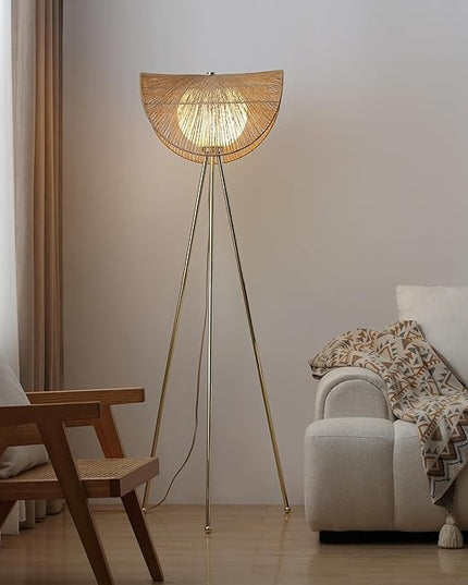 Sovev 62.87 in. Brass Bohemian Floor Lamp for Living Room with Opal Glass Rattan Shade - LeafyLoom