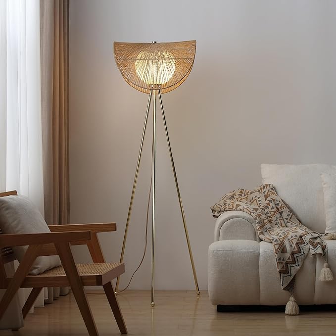 Sovev 62.87 in. Brass Bohemian Floor Lamp for Living Room with Opal Glass Rattan Shade - LeafyLoom