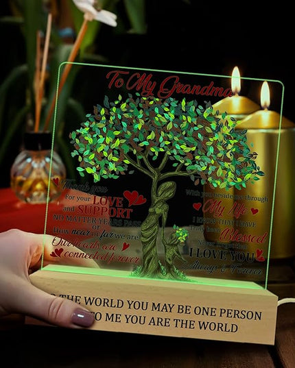 Grandma 3D Illusion Lamp Wooden Base USB Powered Acrylic Night Light, Grandma Gift from Grandson Granddaughter, to my Grandma 3D Lamp, Gifts for Grandma Grandmother Mom on Mothers Day - LeafyLoom