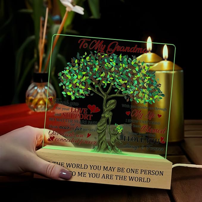 Grandma 3D Illusion Lamp Wooden Base USB Powered Acrylic Night Light, Grandma Gift from Grandson Granddaughter, to my Grandma 3D Lamp, Gifts for Grandma Grandmother Mom on Mothers Day - LeafyLoom