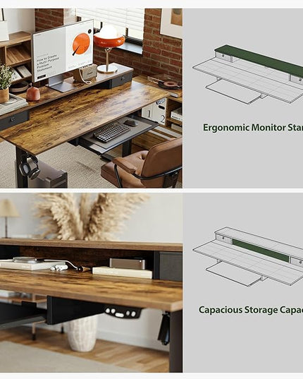 Electric Standing Desk with 2 Drawers and Keyboard Tray, 48 x 24 Inches Ergonomic Adjustable Height Desk with Storage, Sit Stand Computer Workstation, Rustic Brown - LeafyLoom