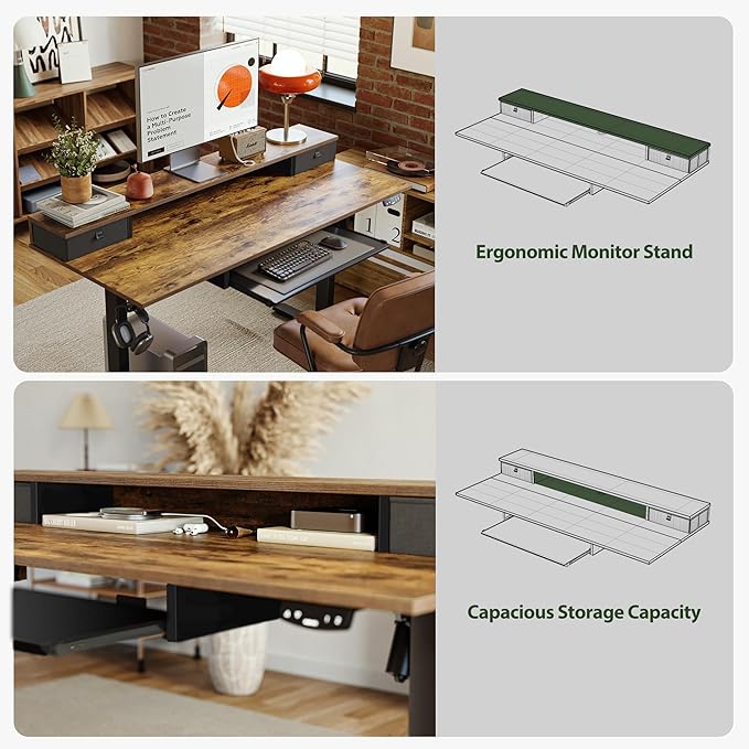 Electric Standing Desk with 2 Drawers and Keyboard Tray, 48 x 24 Inches Ergonomic Adjustable Height Desk with Storage, Sit Stand Computer Workstation, Rustic Brown - LeafyLoom
