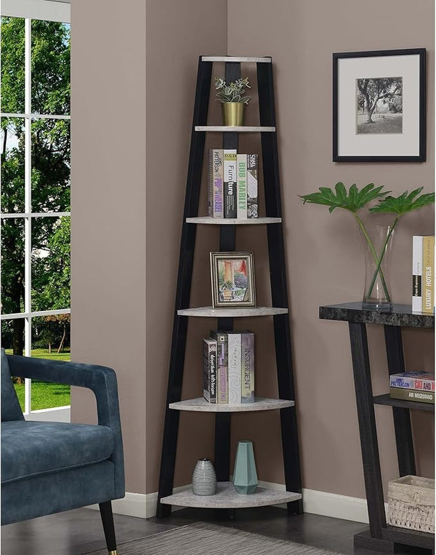 Convenience Concepts Newport 5-Tier Corner Bookcase, Faux Cement/Black - LeafyLoom