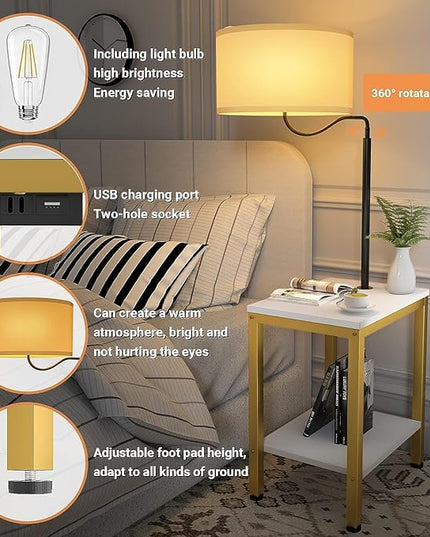 LED Floor Lamp with Table, Side Table with LED Light and Power Outlet, Nightstand with Lamp, End Table with Lamp Attached for Living Room, Bedroom, USB Ports, Bulb Included, White, 2 Pack - LeafyLoom