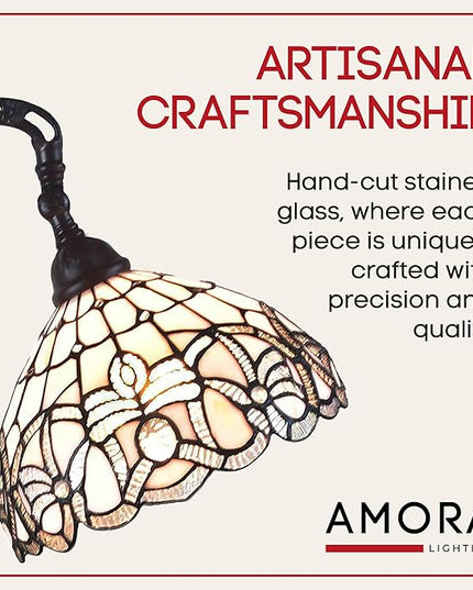 Amora Tiffany Floor Lamp - Arched, Stained Glass 62” - Traditional White Mahogany with Foot Switch Operation and Adjustable Lamp Shade - Custom Handcrafted Floor Lamps for Living Room - LeafyLoom