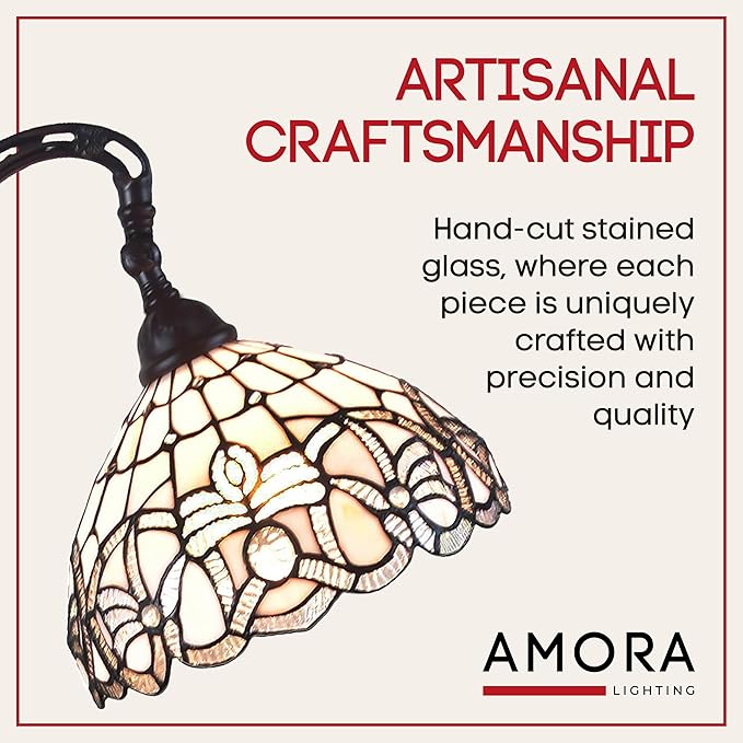 Amora Tiffany Floor Lamp - Arched, Stained Glass 62” - Traditional White Mahogany with Foot Switch Operation and Adjustable Lamp Shade - Custom Handcrafted Floor Lamps for Living Room - LeafyLoom